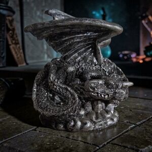 Winged Dragon Sitting on Crystal Cluster Figurine, Decorative Fantasy Art Statue